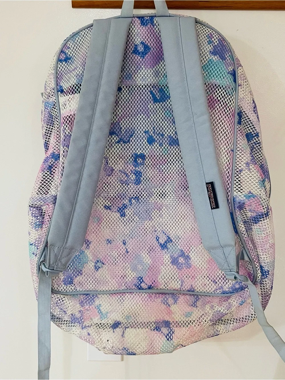 Jansport Pastel Tie-Dye Backpack with Mesh Overlay (Pink, Blue, Yellow)